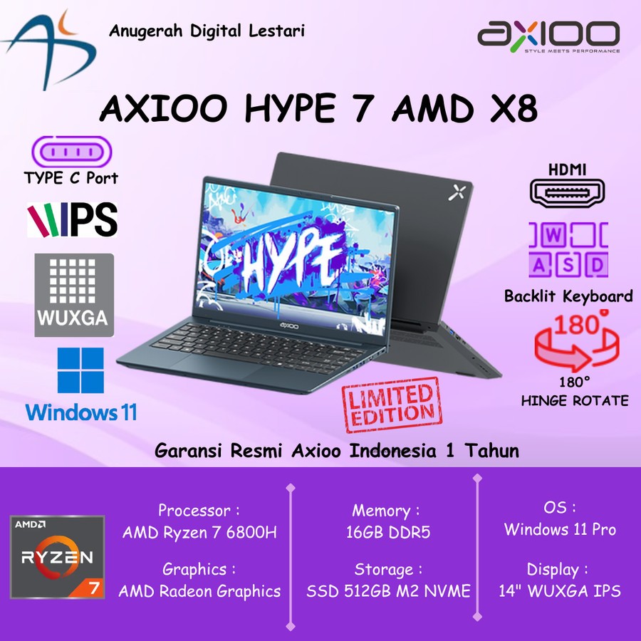 Jual Axioo Mybook Hype 7 X8 AMD Ryzen 7 6800H 16/512GB 14