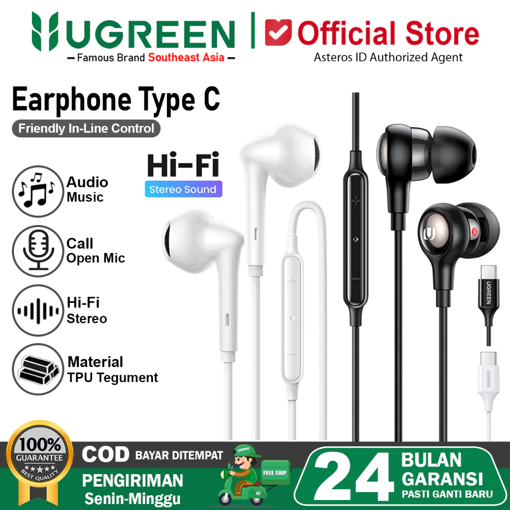 UGREEN Headset Handsfree Earphone iPhone 16 15 15 Pro 15 Plus 15 Pro Max Support Audio Open Mic Call