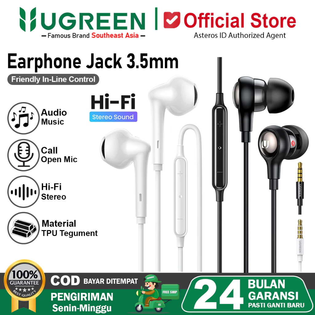 UGREEN Headset Jack 3.5mm In-Ear Stereo Bass Earphone Open Mic