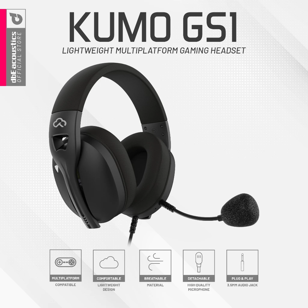 dbE Kumo GS1 Headset Gaming Multiplatform Ultraringan dengan Fabric Pad, Detachable Microphone dan Free Splitter