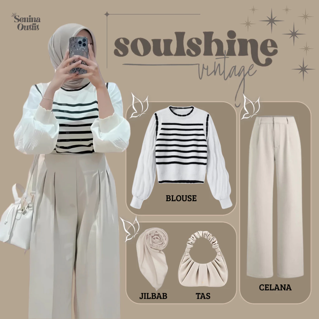Outfit Wanita Kekinian Korean Style ( Atasan Rajut + Celana + Jilbab + Shoulder Bag ) One Set - SO49 | 018