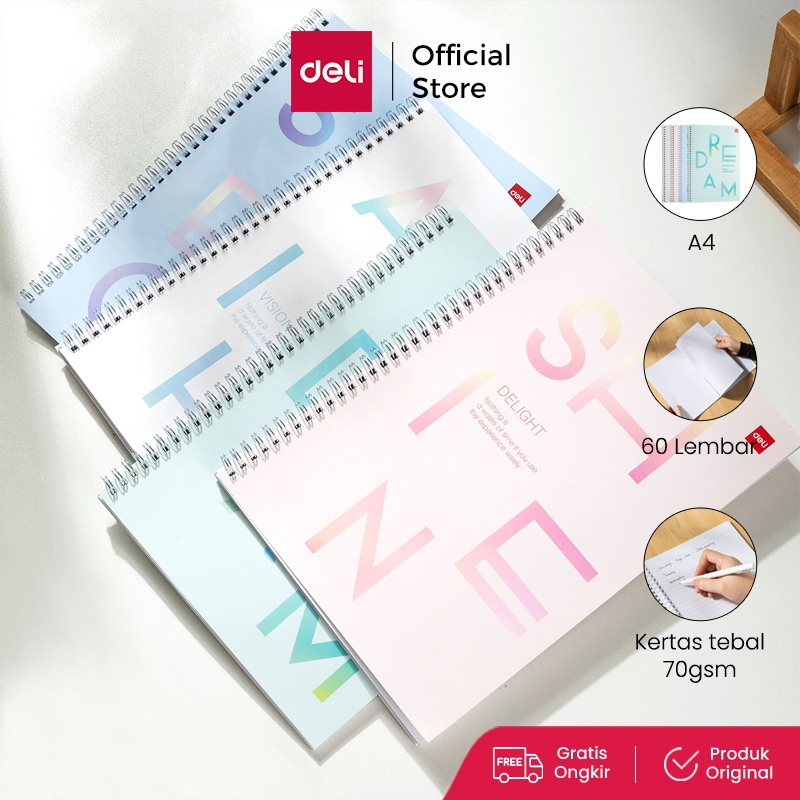 Jual Deli Spiral Notebook / Buku Tulis Spiral A4 60 Lembar Kertas Halus ...