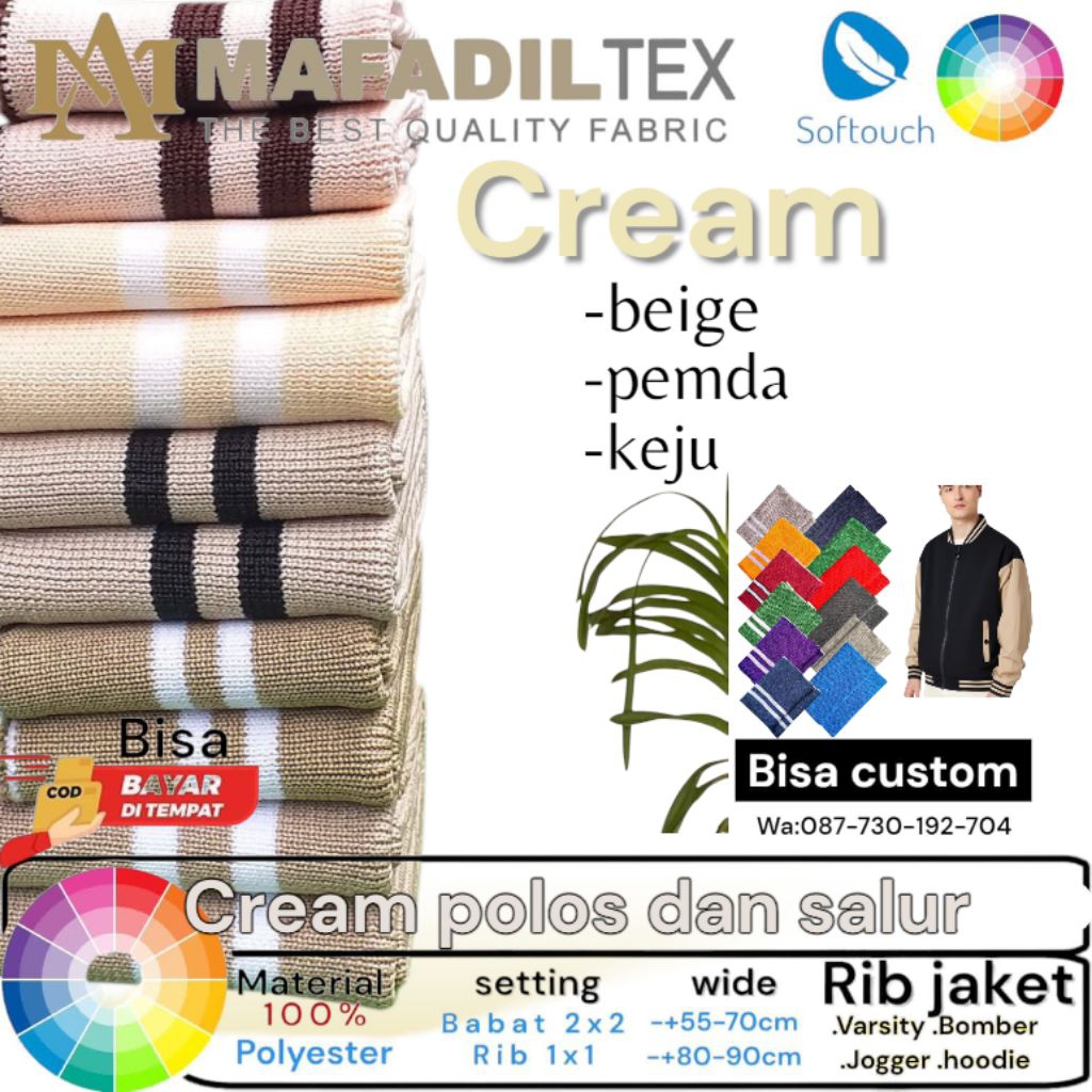 Jual Kain rib bur jaket warna dasar krem polos dan garis polyster tebal ...