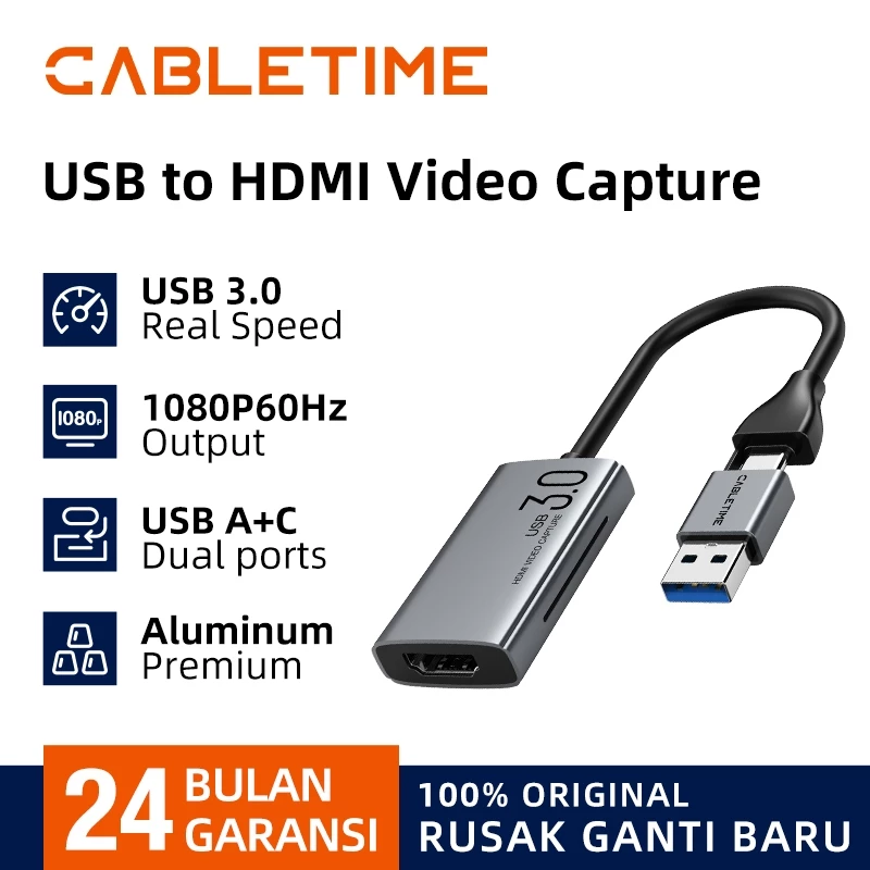 CABLETIME HDMI Video Capture Card Converter For Record Live Streaming USB A + C
