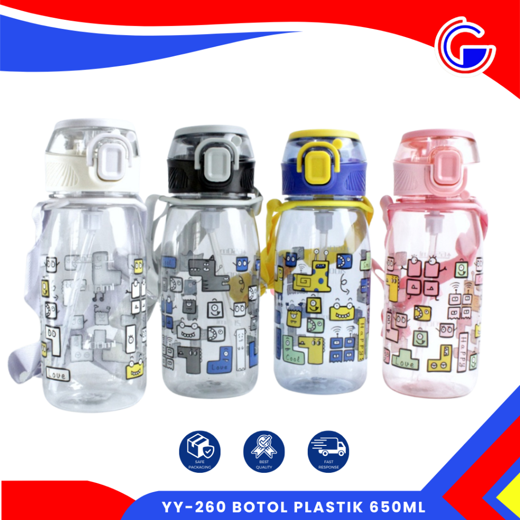 Botol Minum Anak Sekolah 650Ml / Botol Minum Sedotan Tali Strap Panjang / Tumbler Transparant Karakter Robot Bpa Free ( Yy-260) / Botol Anti Tumpa