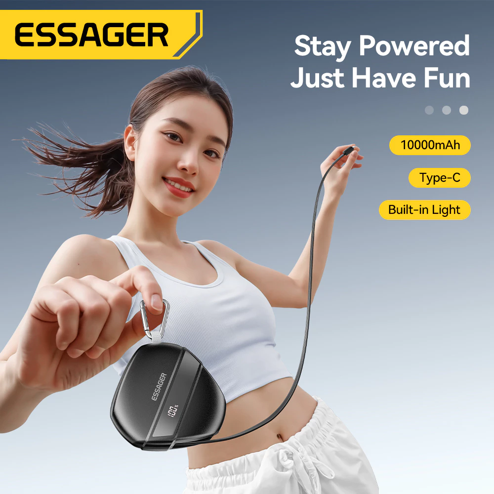 Essager Kabel Tipe C Pengisian Cepat Power Bank Luar Ruangan 10000Mah Baterai Tampilan Karabiner