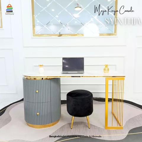 Meja Kerja Aesthetic Shintya Meja Konsol Belajar Mewah Kayu Solid Besi 150cm