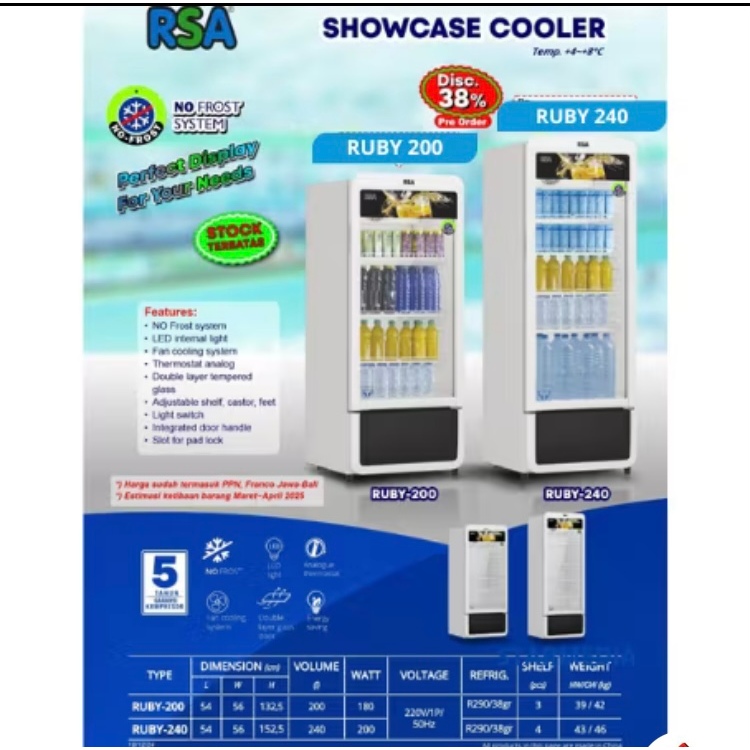 Jual SHOWCASE RSA RUBY 280 NO FROST 280 LITER TIDAK BERSALJU RAK ...