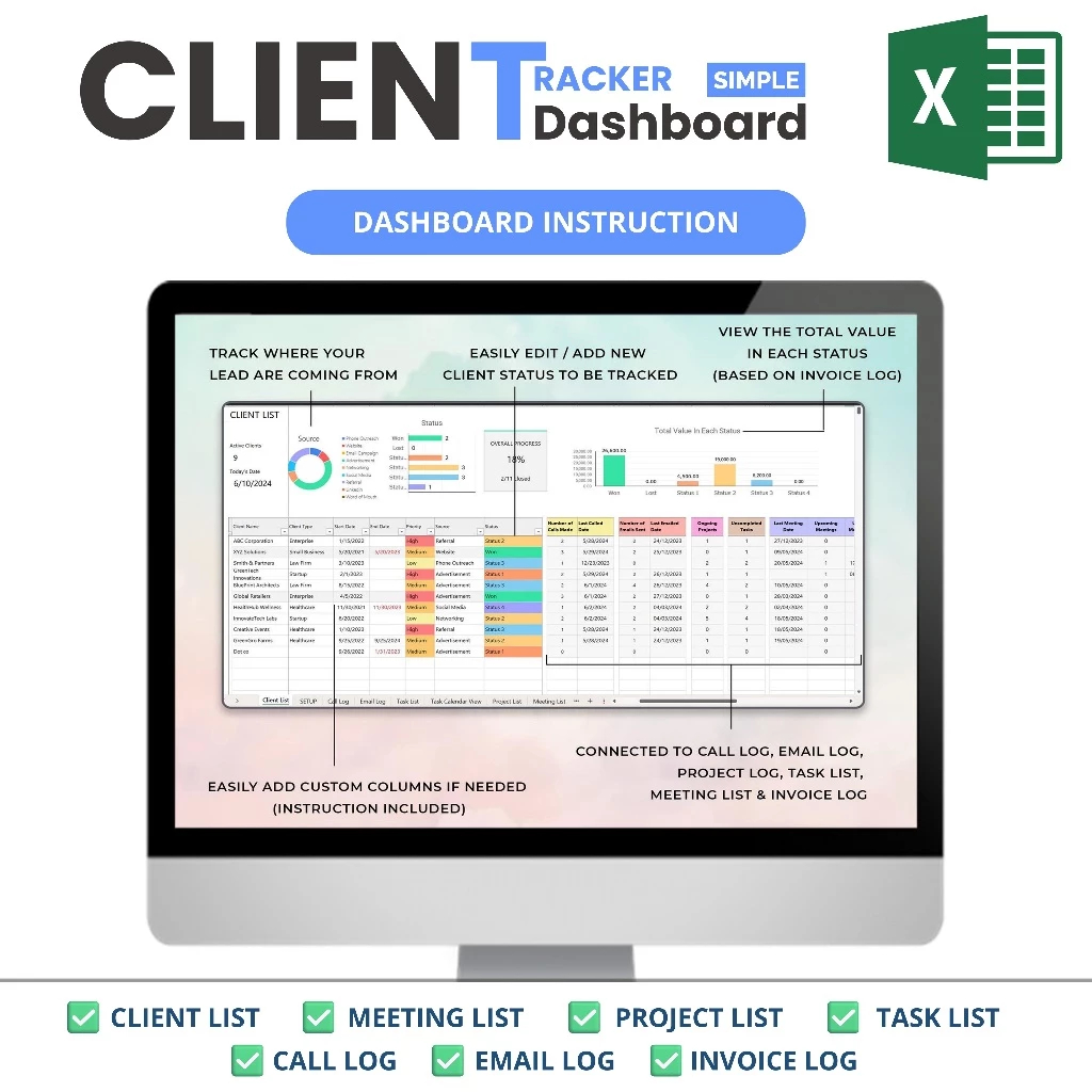Jual Excel Client Tracker CRM Dashboard, Small Business Template, Excel ...