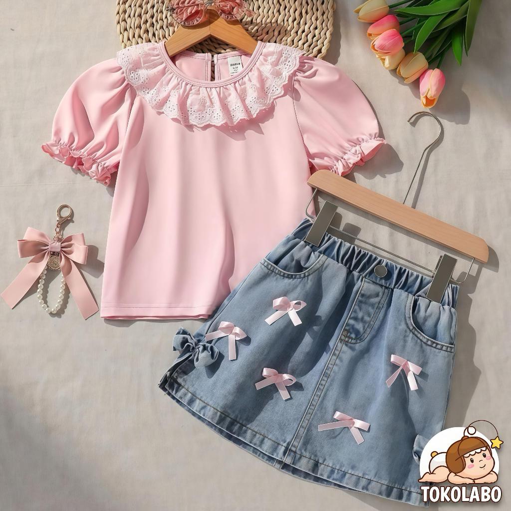 Jual Tokolabo - Setelan Anak Perempuan Cantik Baju Renda Rok Denim ...
