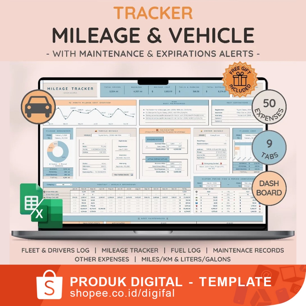Jual Vehicle dan Mileage Tracker Log with Expenses, Fuel, Maintenance ...
