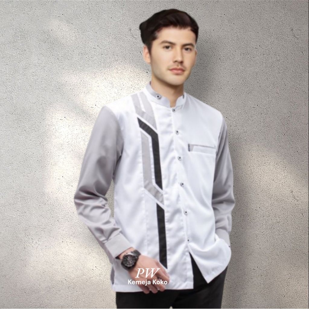 Baju Koko Pria Lengan Panjang Elrumi Terbaru Hilwa Spesial Sinergi Putih Kombinasi Kemeja Koko Dewasa Remaja Seragam Koko hadroh Katun Toyobo