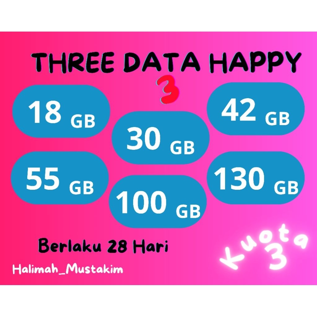 Jual Paket Internet Tri (3) Three Data Happy (18 GB, 30 GB, 42 GB, 55 ...
