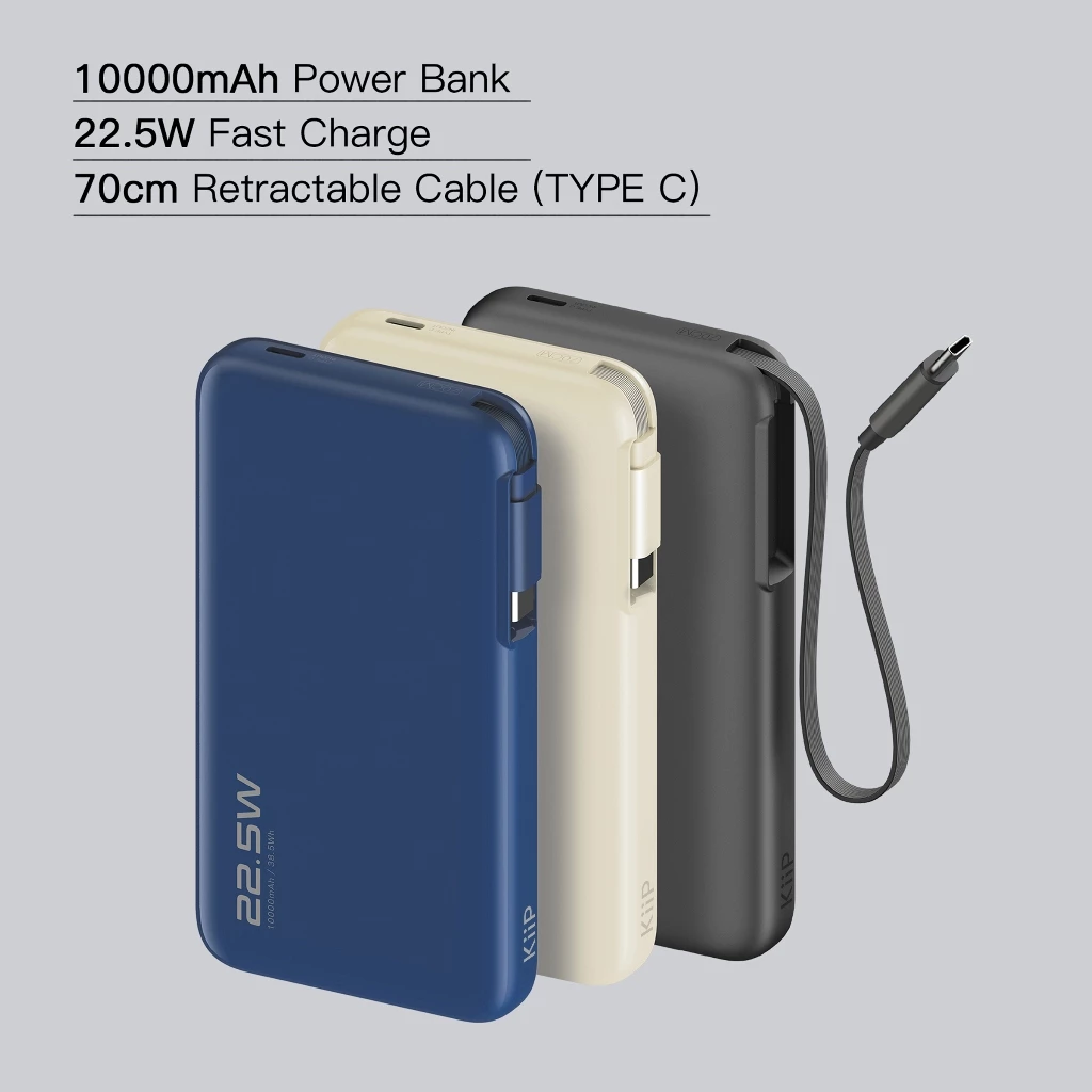KiiP E60 Powerbank Retractable Cable 22.5W 10000mah Fast Charging Power Bank Type-C