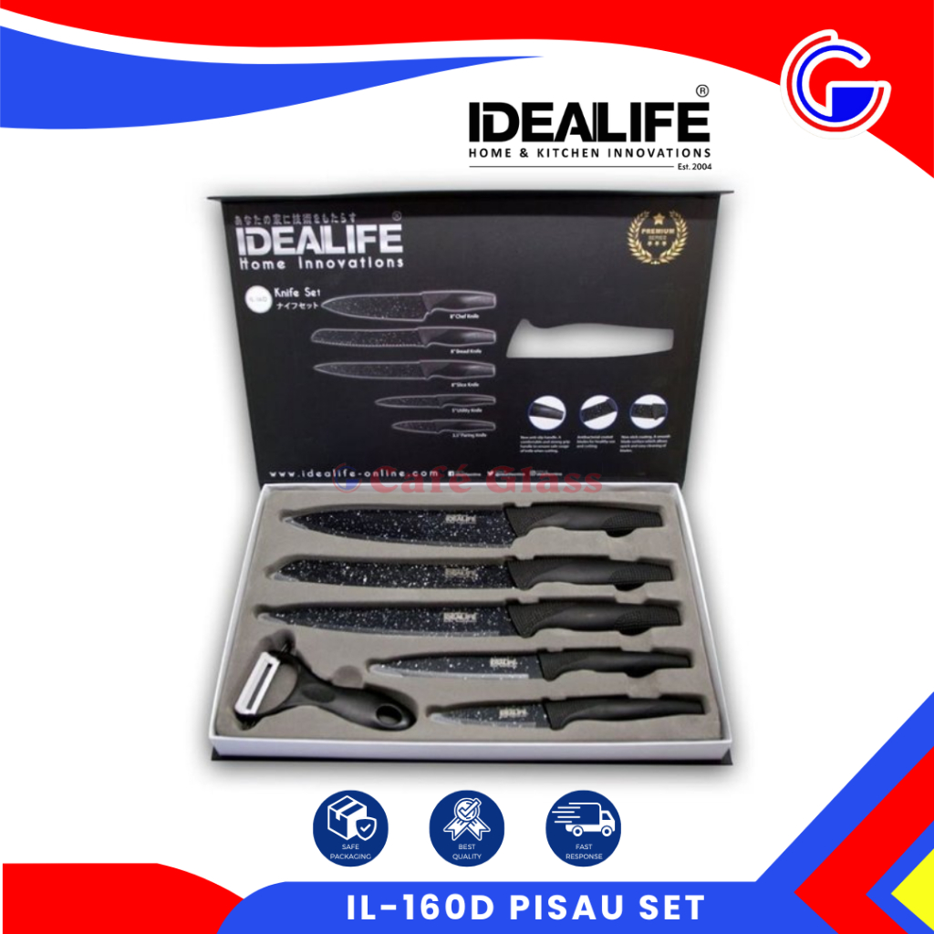 [6 Pcs] Idealife Professional Knife Set / Pisau Dapur Tajam Anti Lengket - Keramik Marble Coating