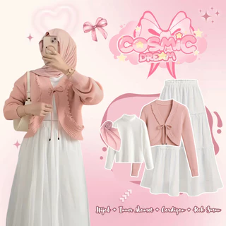 COSMIC DREAM Oneset 4in1 Remaja Kekinian | Cardigan Rajut Cute Dusty Pink + Rok Susun Hyget Premium + Inner Manset Lengan Panjang + Hijab Segi Empat | Outfit Cewek Hijab Masakini -BK114\
