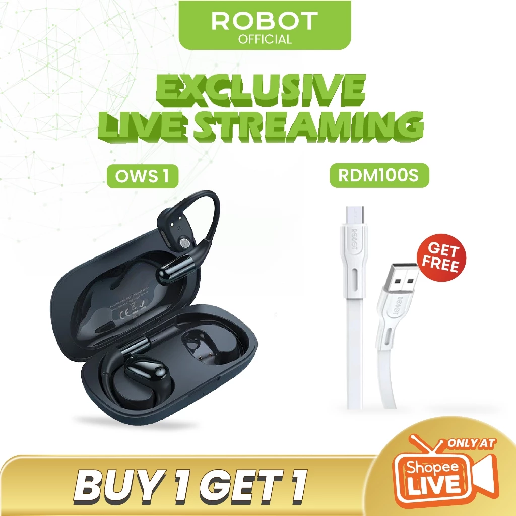 ROBOT True Wireless Open Ear Headphone Earphone Sport Running PlayTime 70 Hours Headset Bluetooth 5.4 Adjustable