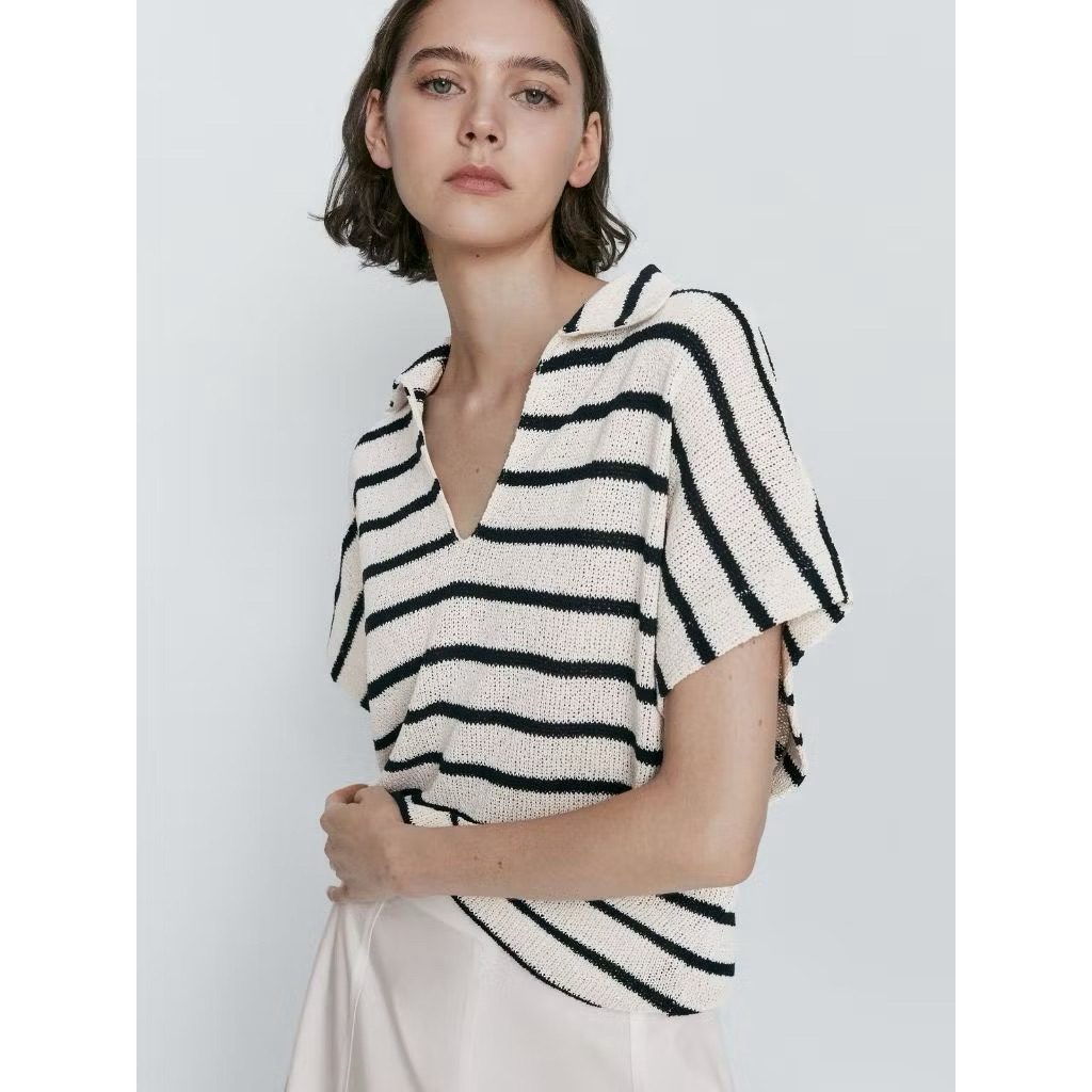 Jual Blouse Knit Z*raa V Striped Tangan Pendek | Shopee Indonesia
