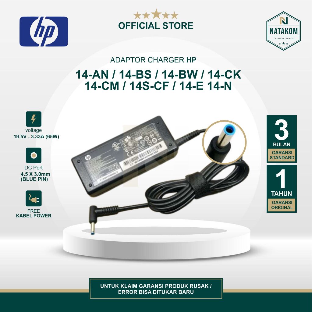 Jual ADAPTOR CHARGER HP 14-AN 14-BS 14-BW 14-CK 14-CM 14S-CF 14-E 14-N ...
