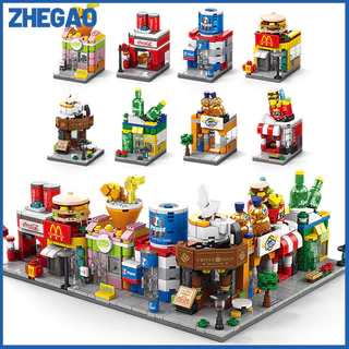 ZHEGAO Mainan Anak Perempuan Mini Street View Toko McDonald's 3D Model Puzzle Blok Bangunan