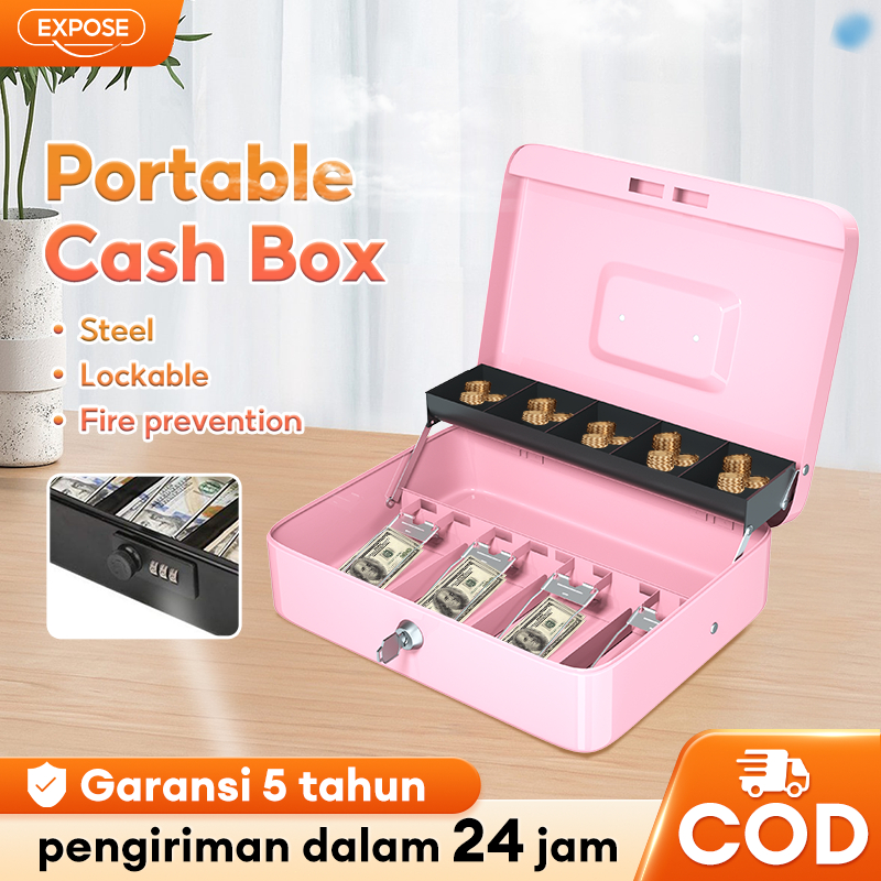 Jual Cash box Handle Lockable coin box Pink Compartment Tray money box ...