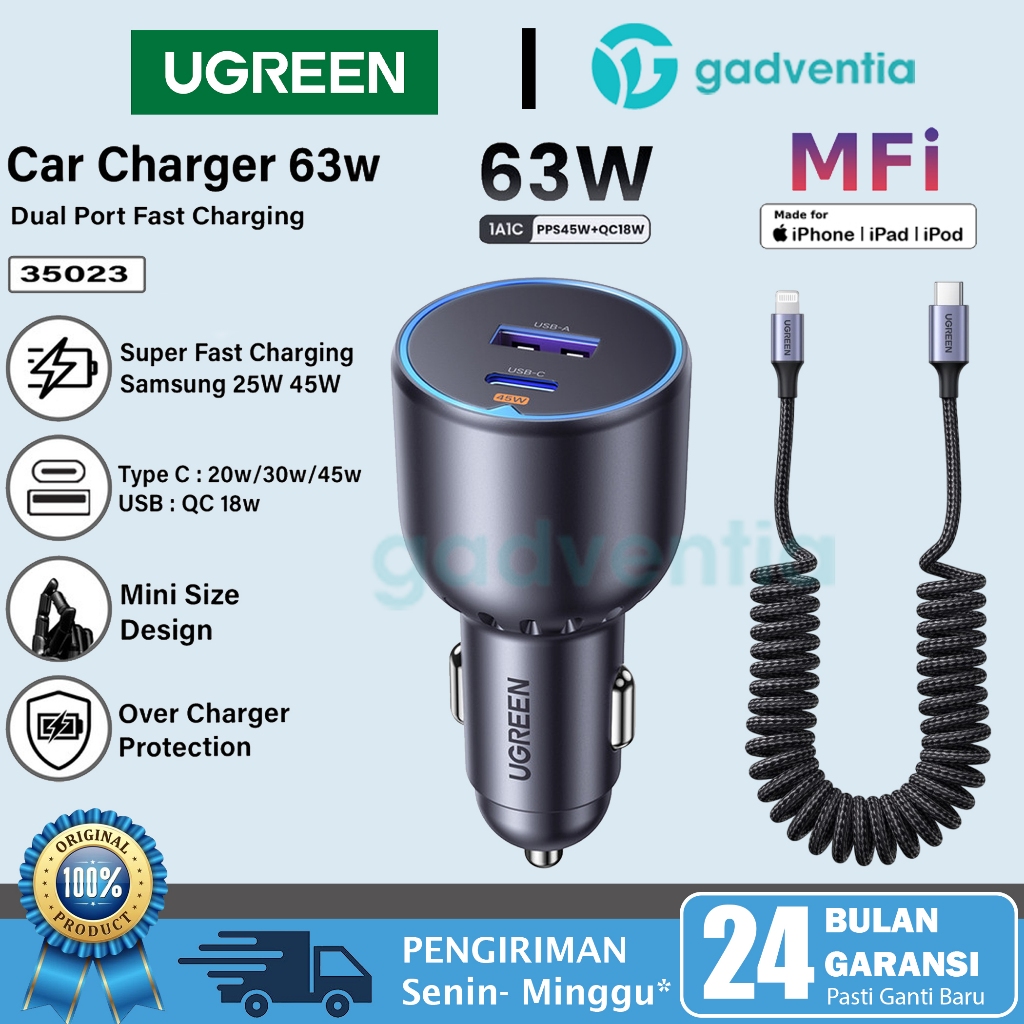 Ugreen Adaptor Car Charger Mobil USB Type C PD Fast Charging 63W Charger  Mobil MFI for Iphone 14 13 12 11 Pro Max XS XR Max