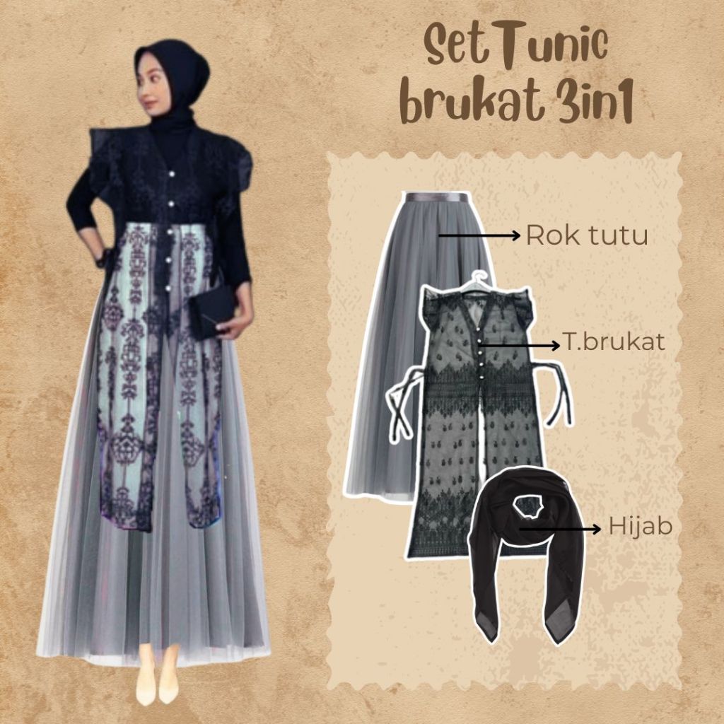 Jual Set Outer Tunik 3IN1 Tunic Brukat+Hijab+Rok tutu Oneset