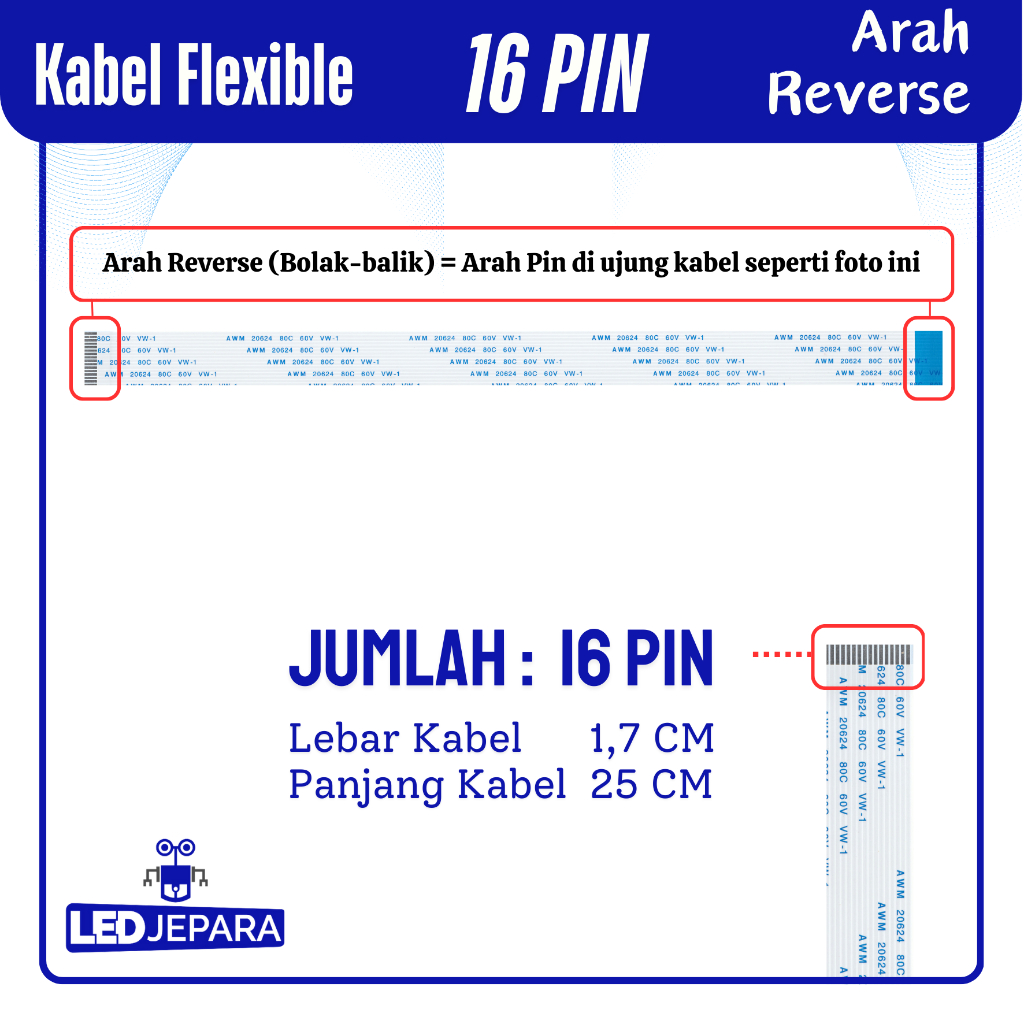 Jual FFC Kabel Flexible 16 Pin Lebar 1,7 CM Panjang 25 CM Terbalik ...