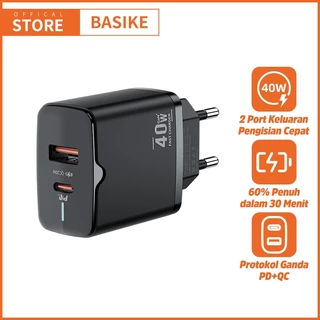 BASIKE Charger Pengisian Cepat USB Type-C 40W PD Multi-Protokol Mini Portable Aman Multi-Protokol Universal untuk iPhone Android HP Headset Gadget