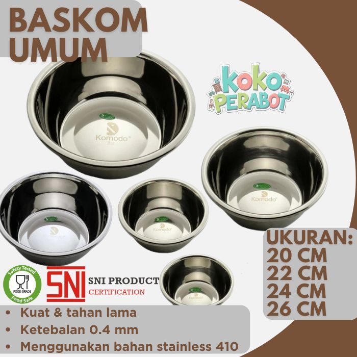 Jual KOMODO Baskom Umum 20, 22, 24, & 26 Cm Baskom Korea Stainless ...