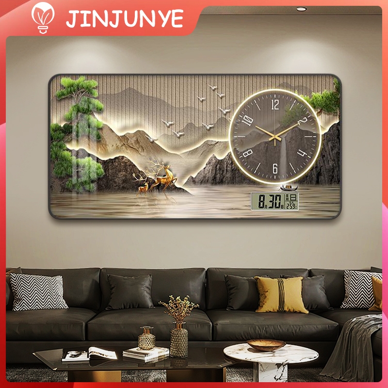Jam Dinding Minimalis Ruang Tamu Lanskap Jam Hiasan Dinding Aesthetic 100x50cm Ruang Makan Dekorasi Rumah Mewah Lukisan Krystal Porselin Wall Decor termasuk jam dan kalender JINY