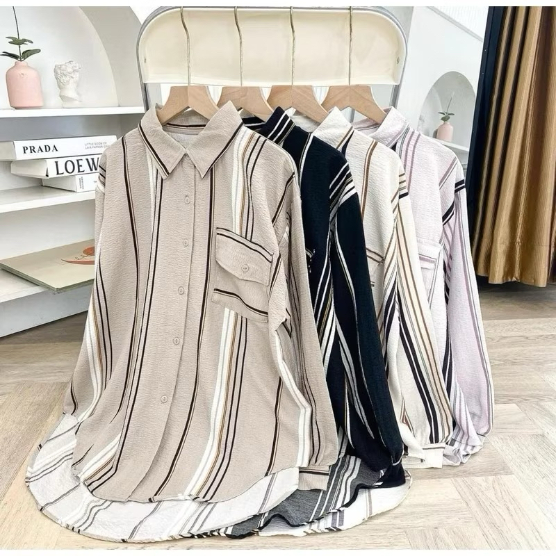 Jual Kemeja Vilda Oversize Pocket Kantong Stripe Salur Kombinasi ...