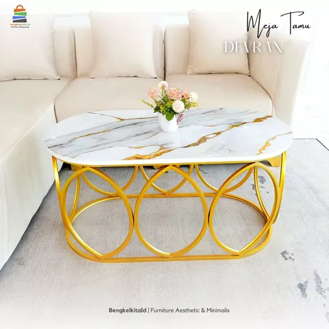 Aesthetic Oval Coffee Table Sofa Desk - MEJA DEVRAN - Modern Minimalist Besi Holo Gold
