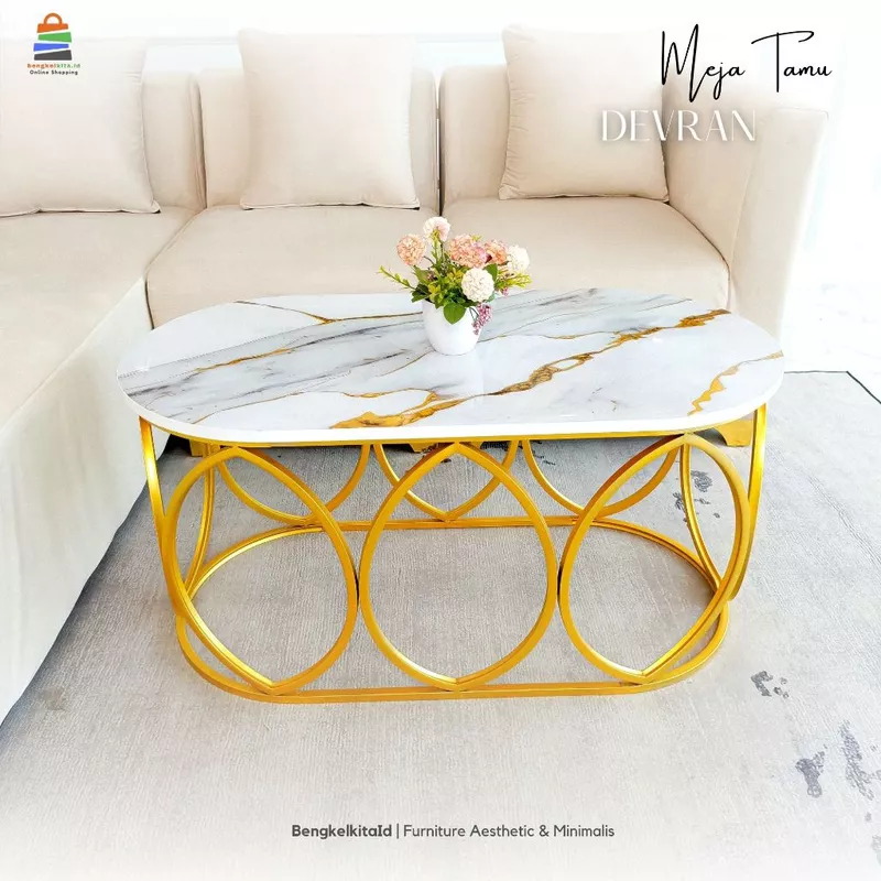 Aesthetic Oval Coffee Table Sofa Desk - MEJA DEVRAN - Modern Minimalist Besi Holo Gold