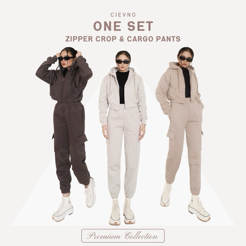 Zipper Tube Fold Top & Cargo Pants Coord Set
