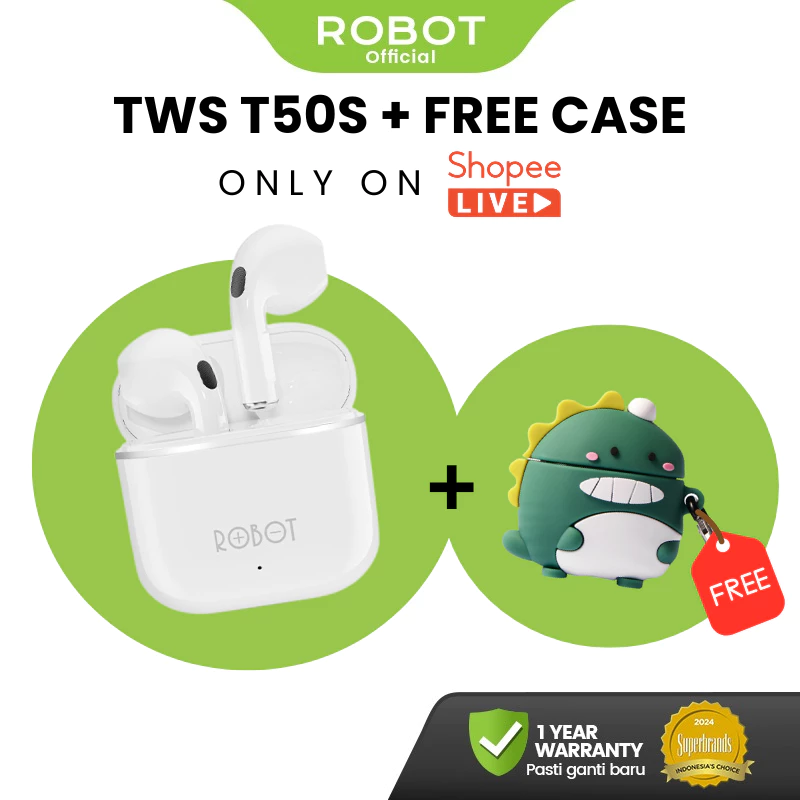 FREE CASING ROBOT TWS Wireless Earphone Airbuds T50S Original BT 5.3 True Wireless Headset Bluetooth Earbuds IPX4
