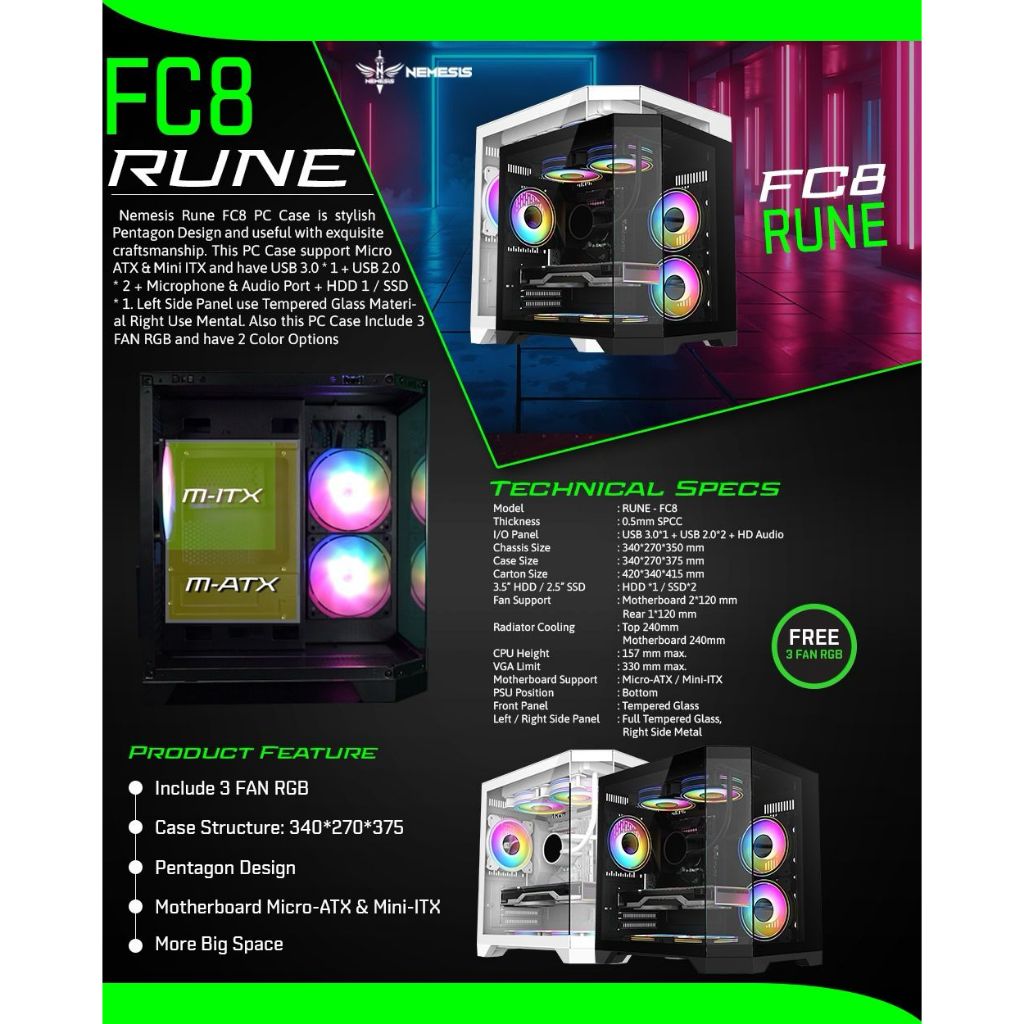 Jual PC Case Gaming NYK Rune FC8 M-ATX Free 3Fan RGB Tempered Glass ...