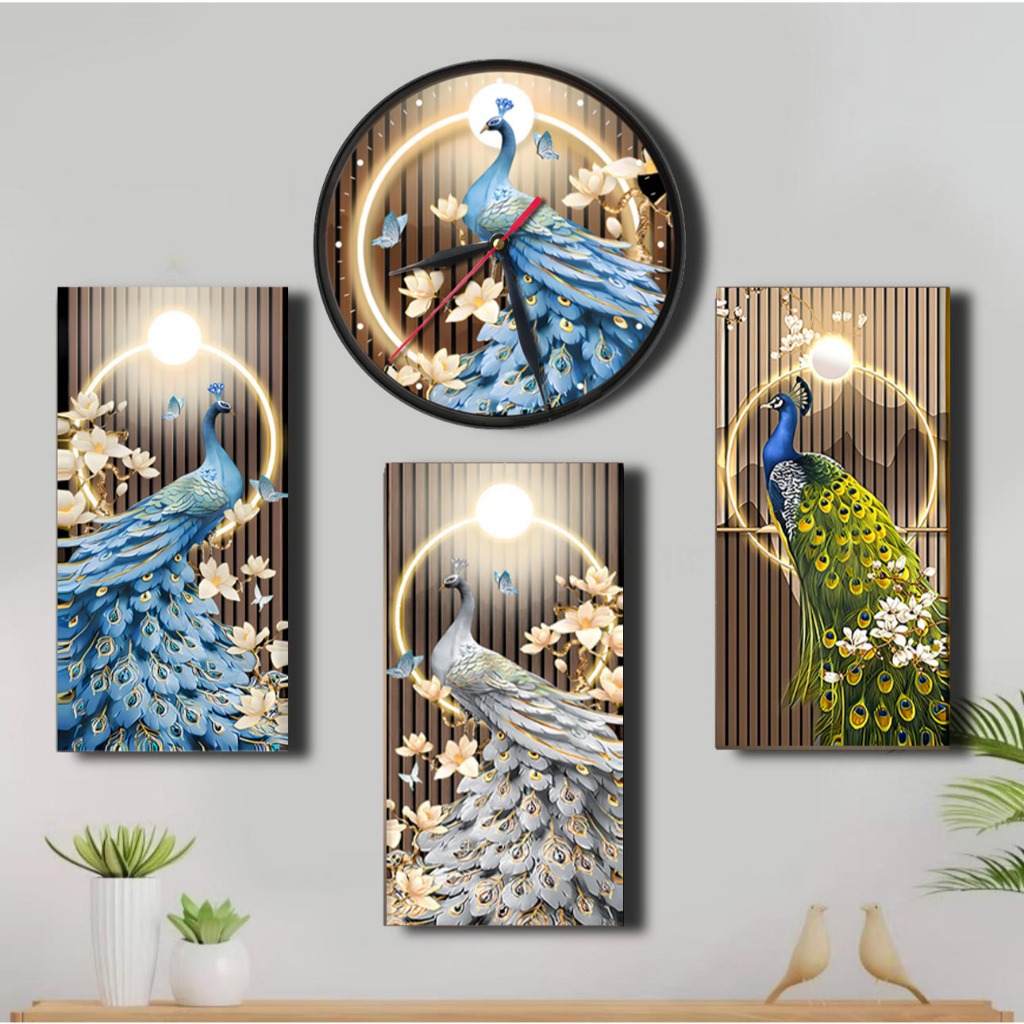 Jam Dinding Minimalis - Hiasan Dinding Kamar Merak Peacock/ Pajangan Dinding set 4 pc