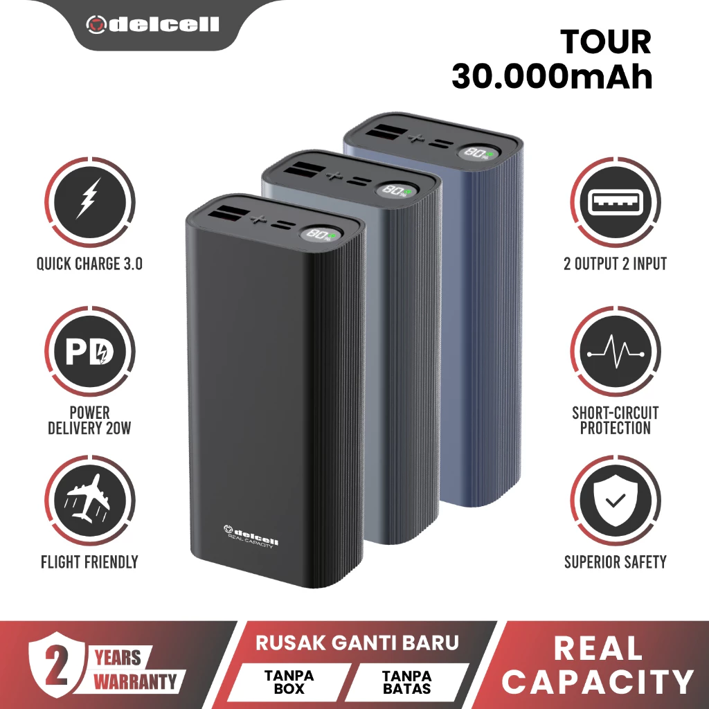 Delcell Tour Powerbank 30000mAh Fast Charging 22.5W LED Display PD +QC Fast Charging Original