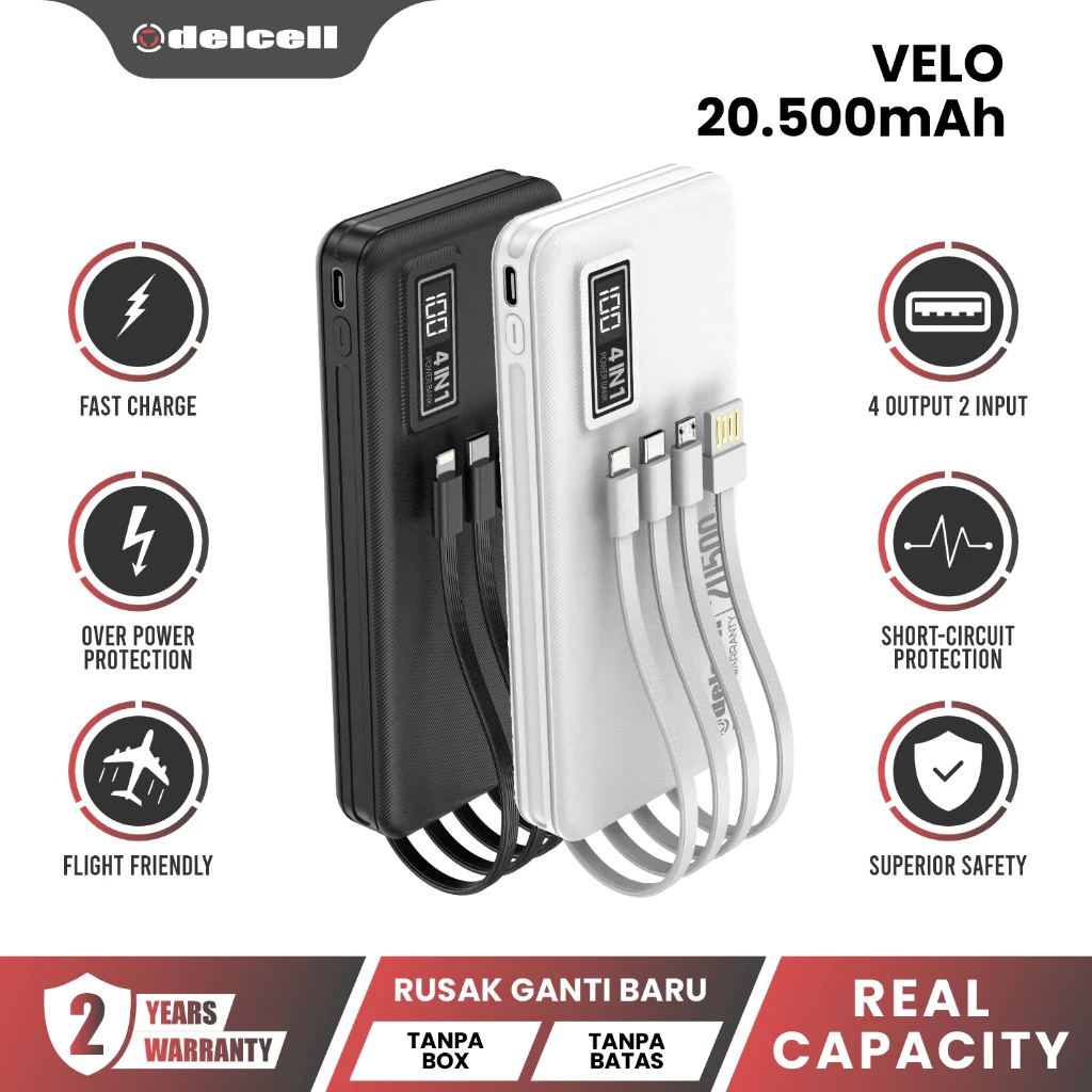Delcell Velo Power bank 20500mAh 10500mAh Led Digital With Cable Fast Charge