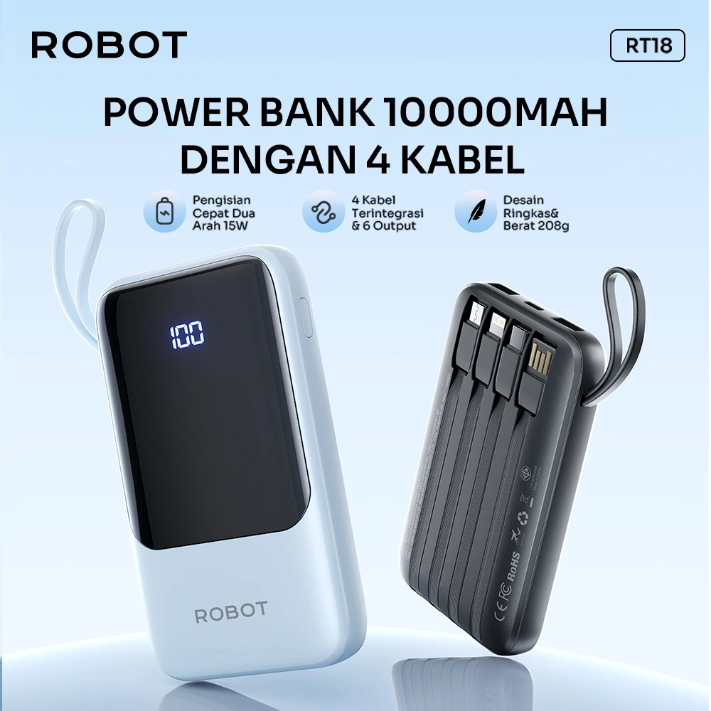ROBOT Powerbank Fast Charging 10000mAh PD 15W With Port and Cable Micro Type-C Lightning Power bank Built-in 4 Kabel