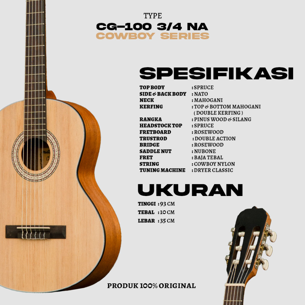 Jual COWBOY Gitar Klasik 3/4 CG-100 Natural Tanam Besi Top Spruce Nylon ...