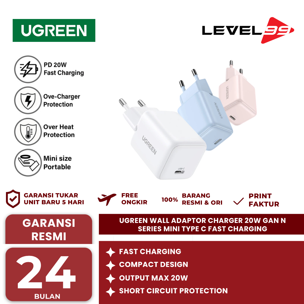 Jual Ugreen Wall Adaptor Charger 20W Gan N Series Mini Type C Fast ...
