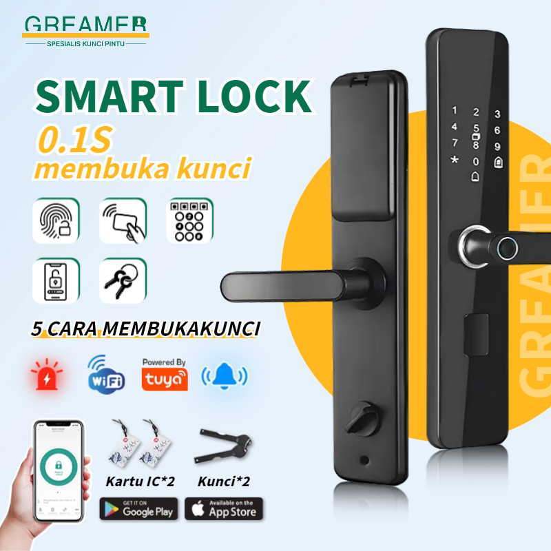 GREAMER kunci pintu rumah smart door lock digital sidik jari gagang pintu kamar handle pintu set lengkap COD T8