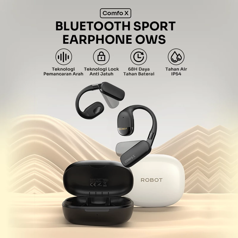 ROBOT Comfo X Earphone Bluetooth V5.4 | Teknologi Anti Jatuh & Lipat, Cocok Semua Telinga Aman Saat Olahraga