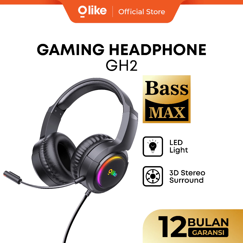 OLIKE Headphone Gaming GH2 + LED | 360 Omnidirectional Microphone | 50mm Drivers Stereo Bass | 3D Surround Precise Positioning