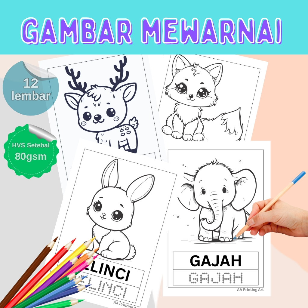 Jual 12 Gambar mewarnai HEWAN untuk Anak-Anak Paud Tk SD / Sketsa