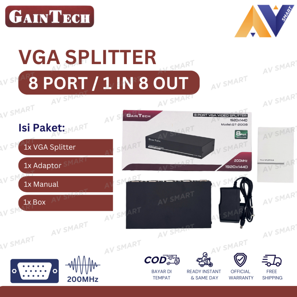 Jual GainTech VGA Splitter 8 Port 200MHz (1 In 8 Out) | Shopee Indonesia