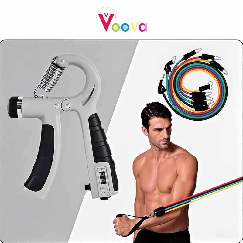 VOOVA Set Handgrip dengan Resistance Band/ Set Alat Olahraga/ Tali Pegas Olahraga Tangan/ Alat Olahraga Tangan
