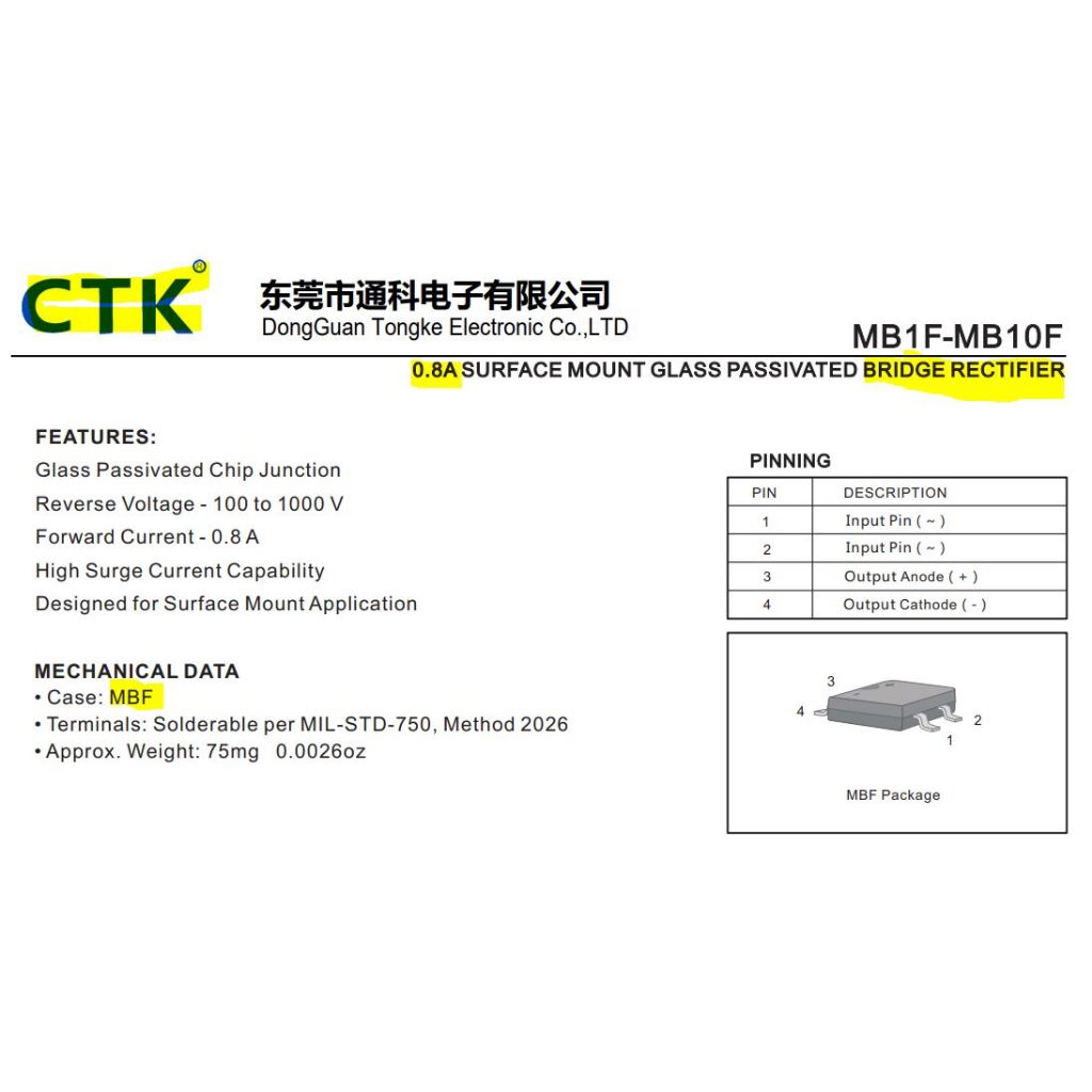 Jual MB10F 0.8A 1000V BRIDGE RECTIFIER MB10F MBF CTK Electronics ...